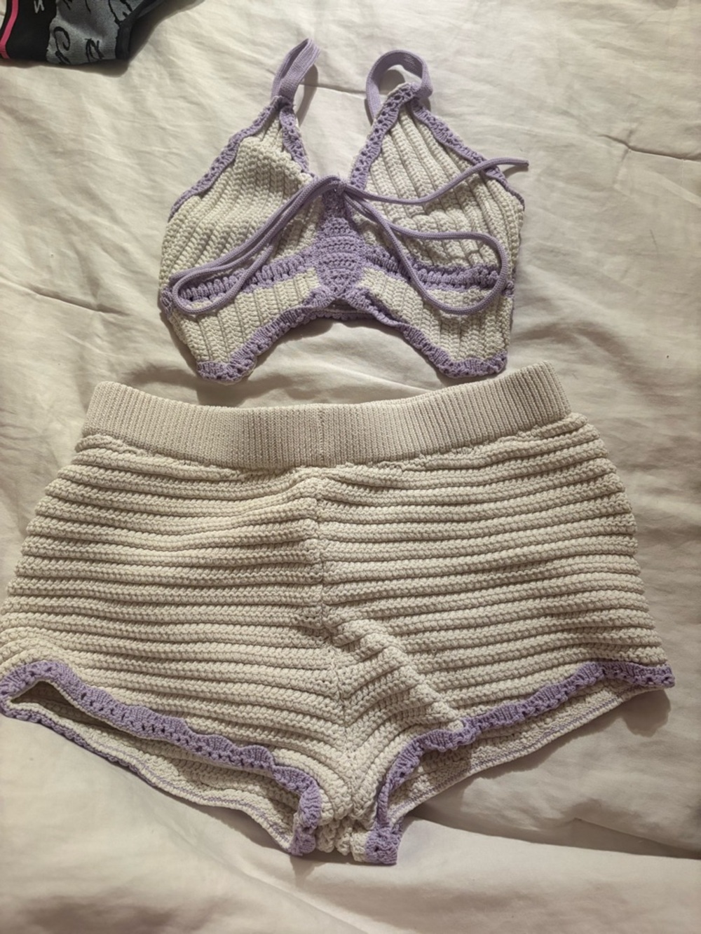 PINK VICTORIAS SECRET Crocheted Two-Piece Set in Cream with Lavender Trim
